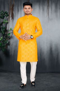 Men Yellow Cotton Kurta Mirror Work Original kurta