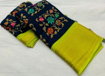 Black With Mustard Green Zari Border Linen Saree Digital Prints From Bhagalpur