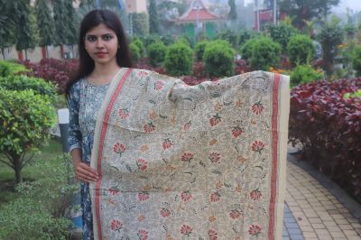 Cream Gray Red Kanth Stitch Pure Handloom Dupatta From Bengal