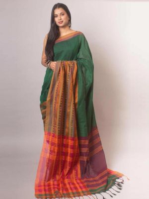 Dark Green Pure Handloom Cotton Saree From Bengal