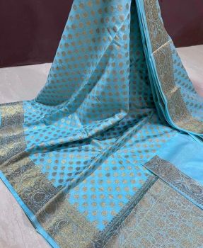 Dark Sky Blue Banarasi Cotton Butta Saree From Banaras
