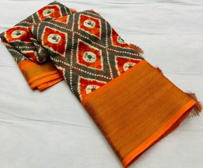 Orange And Brown Linen Saree Digital Prints From Bhagalpur