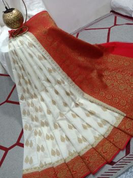 White And Red Silk Leaf Design Banarasi Saree