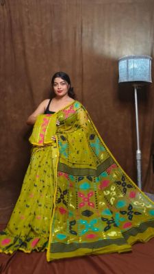 Yellowish Green Pure Handlloom Dhkai Jamdani Saree From Bengal