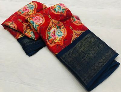 Red Linen Saree Digital Prints From Bhagalpur