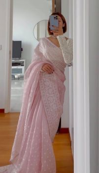 Pink Organza Party Wear Saree Embroidery Work With Silk Sequence Blouse