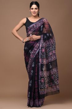 Racing Green Kota Doriya Printed Leaf Design Saree