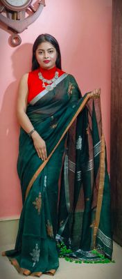 Bottle Green Pure Handloom Linen By Linen Saree From Bengal