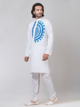 White Pure Handloom Katha Stitch Kurta From Bengal