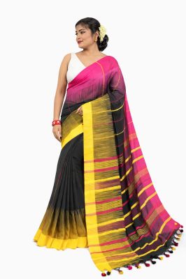Yellow Pink Black Ikkat Cotton Saree From Bengal