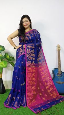 Royal Blue Pure Handloom Silk Cotton Saree From Bengal
