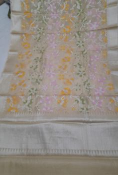Grey Pure Cotton Zari Aanchal Digital Work Saree From Banaras