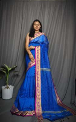 Royal Blue Silk Cotton Handloom Saree From Bengal