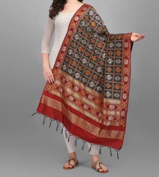 Dark Grey & Brick Red Banarasi Art Silk Dupatta