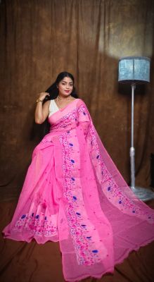 Pink Pure Handloom Resham Dhakai Jamdani Saree From Bengal