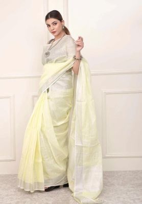 Cream White Pure Handloom Tissue Linen Saree From Bihar