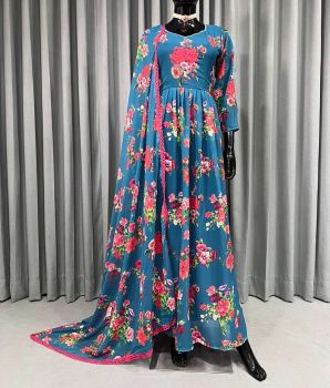 Blue Georgette Digital Print With Hand Work Gown
