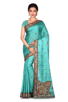 Sea Blue Leaf Pure Silk Saree From Banarasi