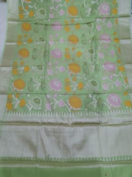 Grey Green Pure Cotton Zari Aanchal Digital Work Saree From Banaras