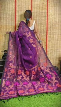 Voilet Pure Handloom Organic Linen By Linen Saree From Bengal