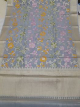 Oslo Grey Pure Cotton Zari Aanchal Digital Work Saree From Banaras