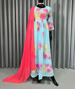 Sky Blue Faux Georgette Digital Print With Hand Work Gown