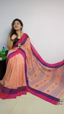 Deep Rose Pure Handloom Cotton Saree From Bengal