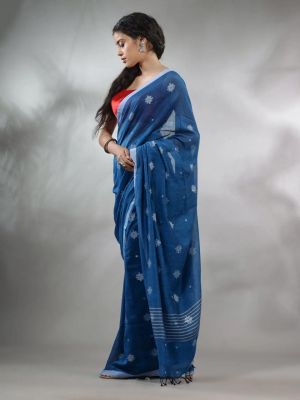 Navy Blue Pure Handloom Cotton Saree From Bengal