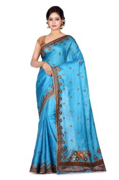 Sea Blue Flower Pure Silk Saree From Banarasi