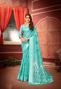Turquoise Blue Butta Silver Brasso Soft Cotton Saree