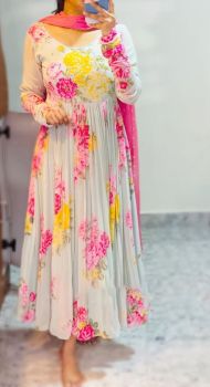 White Faux Georgette Digital Print With Hand Work Gown