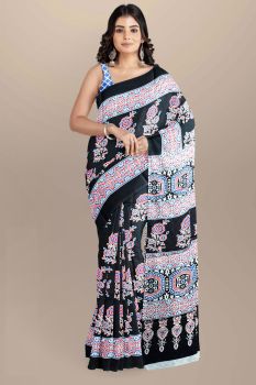 Black Block Print Cotton mulmul saree