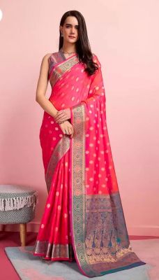 Coral Pink Pure Handloom Silk Saree From Banaras