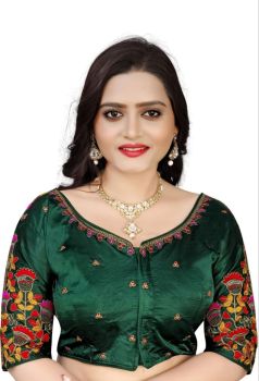 Green Malai Satin Silk Embroidery Work Blouse