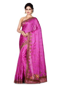 Magenta Flower Pure Silk Saree From Banarasi