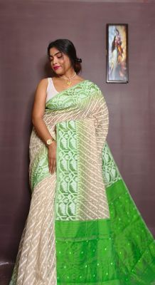 Beige Pure Handloom Ikkat Jamdani Saree From Bengal