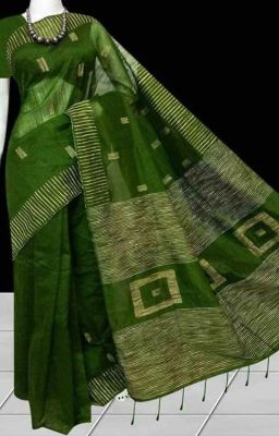 Green Pure Handloom Silk Cotton Saree From Bengal