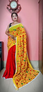 Red and Yellow Pure Handloom Flower Design Saree