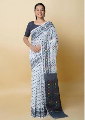 White Black Pure Handloom Dhakai Jamdani Saree From Bengal