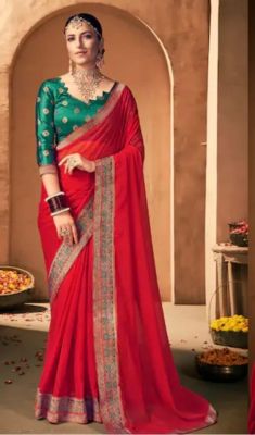 Persian Red Pure Handloom Georgette Saree From Banaras