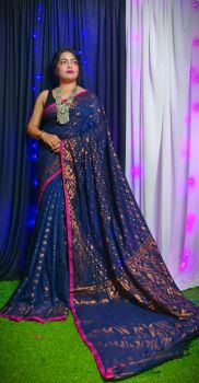 Navy Blue Buti Design Pure Handloom Jamdani Cotton Saree