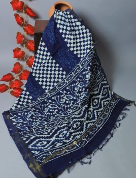Blue Aand White Bagru Hand Block Printed Chanderi Silk Dupatta