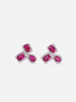 Tri Red American Diamond Rhodium Earrings in 925 Sterling Silver