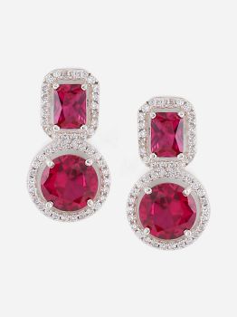 Halo Red American Diamond Drop Rhodium Earrings in 925 Sterling Silver