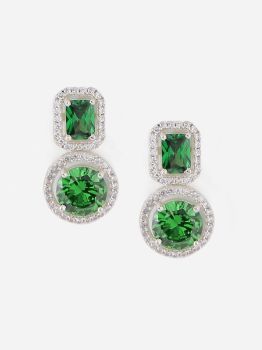 Halo Green American Diamond Drop CZ Rhodium Earrings in 925 Sterling Silver