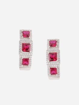 Red Square American Diamond Drop Rhodium Earrings in 925 Sterling Silver