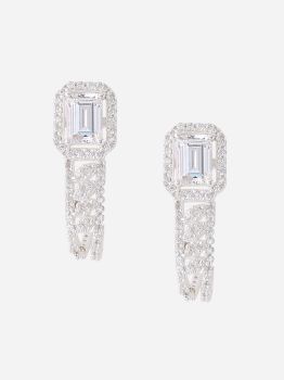 Rectangle White CZ Drop Rhodium Earrings in 925 Sterling Silver