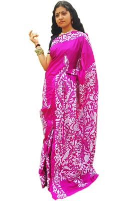 Hot Pink Pure Handloom Kantha Stitch Saree From Bengal