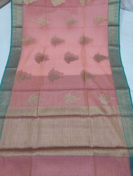 Baby Pink Mercerized Cotton Saree From Banaras