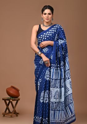 Navy Blue Pure Handloom Mulmul Saree From Bengal